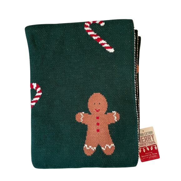 Oversized Gingerbread Candy Cane Cotton Throw Blanket 50x70 Christmas Green New - Picture 7 of 15